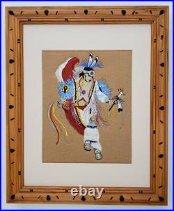 VINTAGE NATIVE AMERICAN HANDMADE WALL ART CREWEL EMBROIDERY Fetish Dancer No. 1