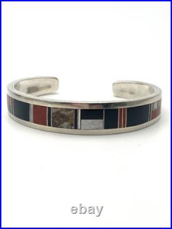 VINTAGE NAVAJO MANYGOATS STERLING SILVER NATIVE AMERICAN Inlay Cuff BRACELET
