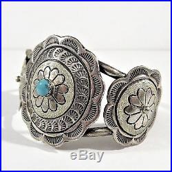 VINTAGE NAVAJO SIGNED TWY STERLING SILVER & TURQUOISE CONCHO CUFF BRACELET 21.3g