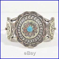 VINTAGE NAVAJO SIGNED TWY STERLING SILVER & TURQUOISE CONCHO CUFF BRACELET 21.3g