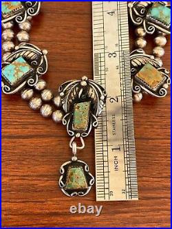 VINTAGE NAVAJO SQUASH BLOSSOM ROYSTON Turquoise Pendant Sterling BEAD Necklace