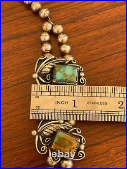 VINTAGE NAVAJO SQUASH BLOSSOM ROYSTON Turquoise Pendant Sterling BEAD Necklace
