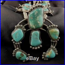 VINTAGE NAVAJO Sterling High Grade Royston Turquoise Squash Blossom Necklace