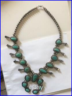 VINTAGE NAVAJO TURQUOISE STERLING SILVER SQUASH BLOSSOM NECKLACE Bluish Green