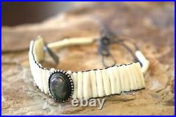 VINTAGE Native American Sterling Silver Agate & Bovine Bone Chocker Necklace