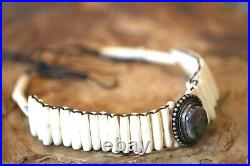 VINTAGE Native American Sterling Silver Agate & Bovine Bone Chocker Necklace