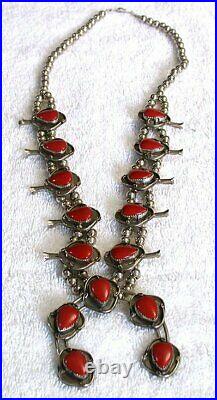 VINTAGE Navajo. 900 Coin Silver 24 Inch Pear Red Coral Squash Blossom Necklace