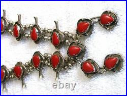 VINTAGE Navajo. 900 Coin Silver 24 Inch Pear Red Coral Squash Blossom Necklace