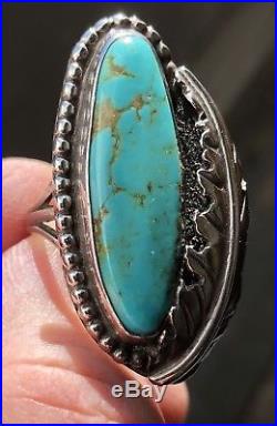 VINTAGE Navajo Blue Gem TURQUOISE STERLING SILVER Ring RARE HANDMADE Signed M