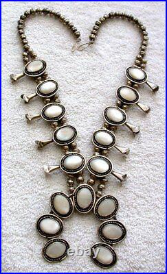 VINTAGE Navajo Sterling Silver 26 Inch Mother of Pearl Squash Blossom Necklace