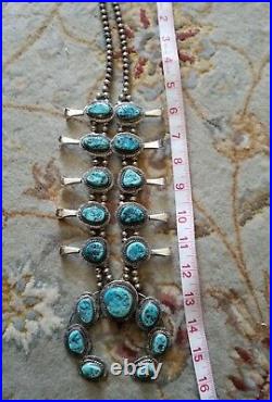 VINTAGE SIGNED SQUASH BLOSSOM NECKLACE NATURAL TURQUOISE STONES ALMOST 7oz