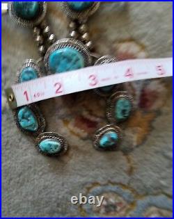 VINTAGE SIGNED SQUASH BLOSSOM NECKLACE NATURAL TURQUOISE STONES ALMOST 7oz