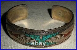 VINTAGE SIGNED TOMMY SINGER TURQUOISE CORAL STERLING SILVER BRACELET vafo