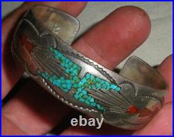 VINTAGE SIGNED TOMMY SINGER TURQUOISE CORAL STERLING SILVER BRACELET vafo
