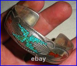 VINTAGE SIGNED TOMMY SINGER TURQUOISE CORAL STERLING SILVER BRACELET vafo