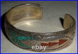 VINTAGE SIGNED TOMMY SINGER TURQUOISE CORAL STERLING SILVER BRACELET vafo