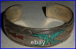 VINTAGE SIGNED TOMMY SINGER TURQUOISE CORAL STERLING SILVER BRACELET vafo