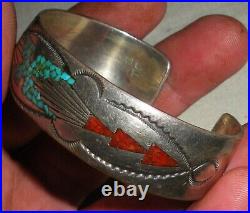VINTAGE SIGNED TOMMY SINGER TURQUOISE CORAL STERLING SILVER BRACELET vafo