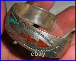 VINTAGE SIGNED TOMMY SINGER TURQUOISE CORAL STERLING SILVER BRACELET vafo