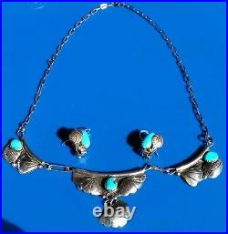 VINTAGE STERLING SILVER NATIVE AMERICAN TURQUOISE NECKLACE & Earrings SIGNED TF