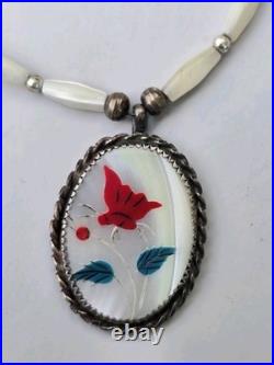 VINTAGE Sterling Zuni Red Butterfly Necklace Pendant With Abalone Base And Beads