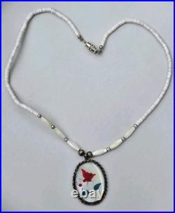 VINTAGE Sterling Zuni Red Butterfly Necklace Pendant With Abalone Base And Beads