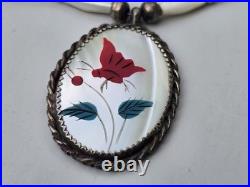 VINTAGE Sterling Zuni Red Butterfly Necklace Pendant With Abalone Base And Beads