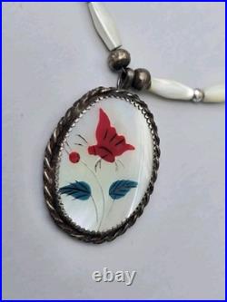 VINTAGE Sterling Zuni Red Butterfly Necklace Pendant With Abalone Base And Beads