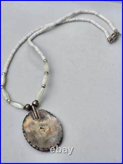 VINTAGE Sterling Zuni Red Butterfly Necklace Pendant With Abalone Base And Beads