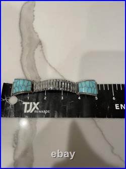 VINTAGE Zuni Turquoise Inlay Sterling Silver Watch Band Signed S. M. 22 Gemstone