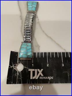 VINTAGE Zuni Turquoise Inlay Sterling Silver Watch Band Signed S. M. 22 Gemstone