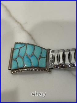 VINTAGE Zuni Turquoise Inlay Sterling Silver Watch Band Signed S. M. 22 Gemstone