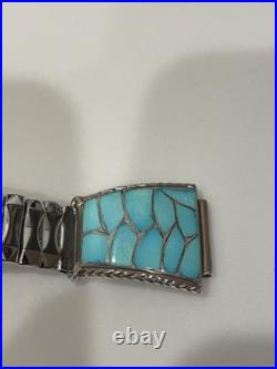VINTAGE Zuni Turquoise Inlay Sterling Silver Watch Band Signed S. M. 22 Gemstone