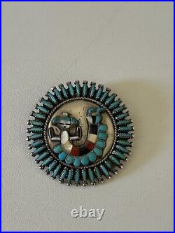 VNTG Sterling Silver Turquoise, Onyx, Coral Zuni Brooch/Pendant