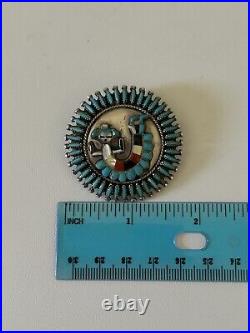 VNTG Sterling Silver Turquoise, Onyx, Coral Zuni Brooch/Pendant