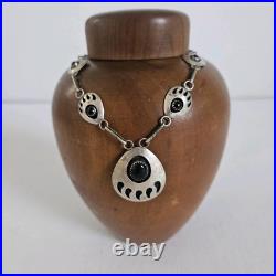 VTG Bear Paw Squash Blossom Necklace Sterling Silver Onyx Navajo Jewelry 20
