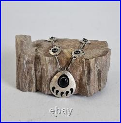 VTG Bear Paw Squash Blossom Necklace Sterling Silver Onyx Navajo Jewelry 20