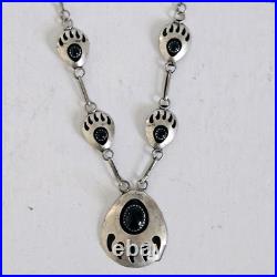 VTG Bear Paw Squash Blossom Necklace Sterling Silver Onyx Navajo Jewelry 20