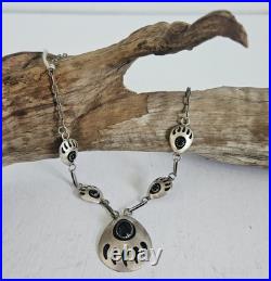 VTG Bear Paw Squash Blossom Necklace Sterling Silver Onyx Navajo Jewelry 20