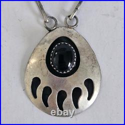 VTG Bear Paw Squash Blossom Necklace Sterling Silver Onyx Navajo Jewelry 20