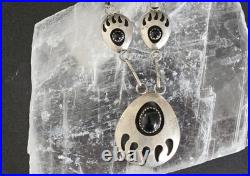 VTG Bear Paw Squash Blossom Necklace Sterling Silver Onyx Navajo Jewelry 20