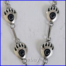 VTG Bear Paw Squash Blossom Necklace Sterling Silver Onyx Navajo Jewelry 20