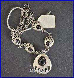 VTG Bear Paw Squash Blossom Necklace Sterling Silver Onyx Navajo Jewelry 20
