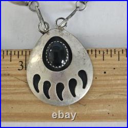 VTG Bear Paw Squash Blossom Necklace Sterling Silver Onyx Navajo Jewelry 20