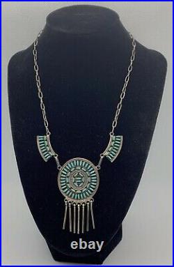 VTG By. C. S. Native American Zuni Sterling Silver Needle Point Turquoise Necklace