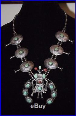 VTG Hopi Kachina Sterling Silver MUSEUM Turquoise Coral Squash Blossom Necklace