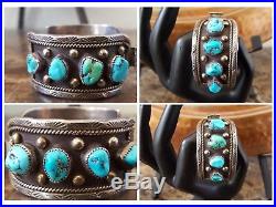 VTG Huge Old Pawn SW Native Navajo 8 Fine Turquoise Watch Cuff Bracelet Sterling