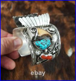 VTG Mens Navajo Sterling Silver Turquoise Coral Bear Claw Watch Cuff Bracelet