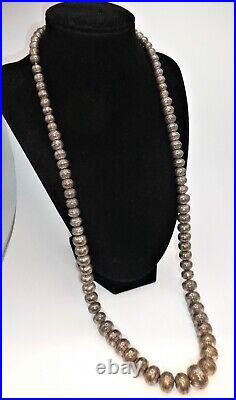 VTG NAVAJO PEARLS STERLING SILVER BENCH BEAD STAMP WORK NECKLACE 30 96.4g