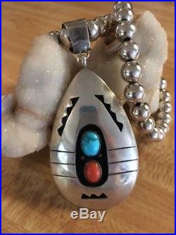 VTG Native American LARGE Turquoise Coral Pendant Sterling Silver Bead Necklace
